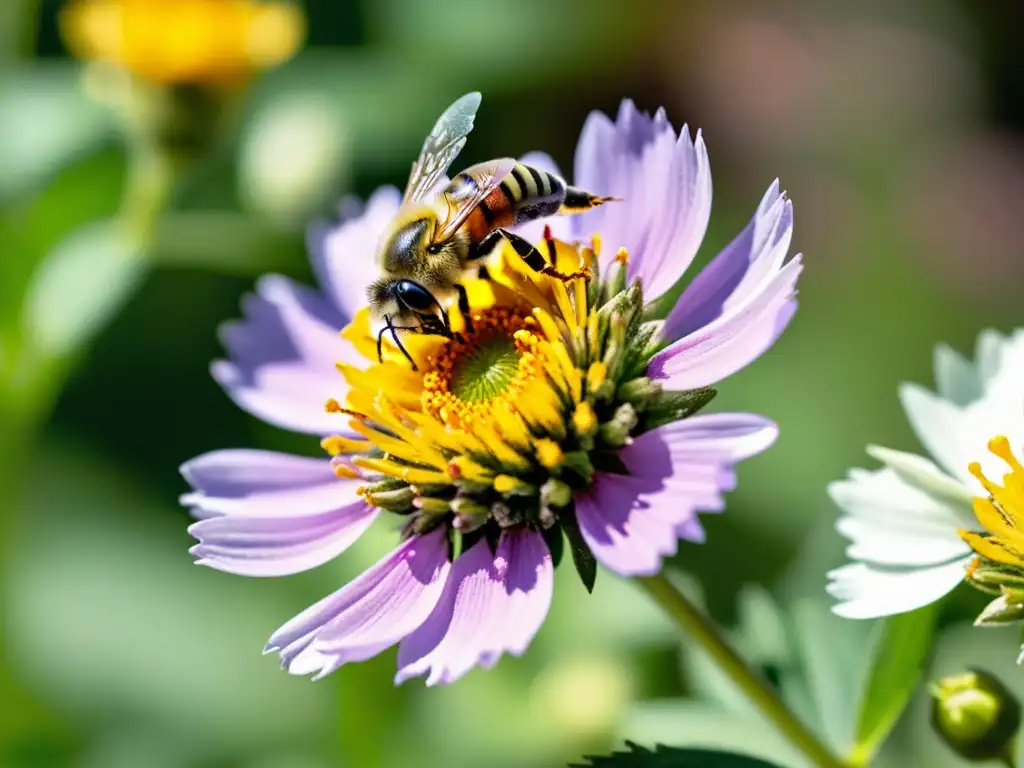 Imagen detallada de una colorida flor silvestre en un jardín, con abeja nativa cubierta de polen