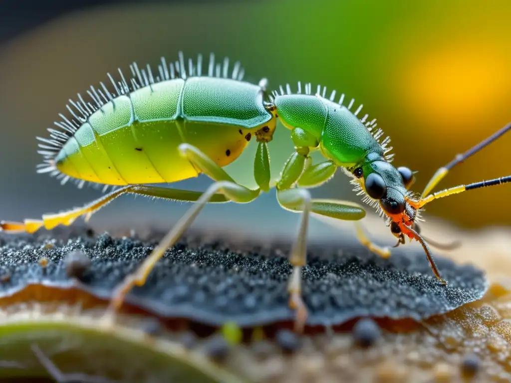 Una imagen detallada y colorida muestra relaciones simbióticas entre insectos: hormigas cuidando de un diminuto pulgón