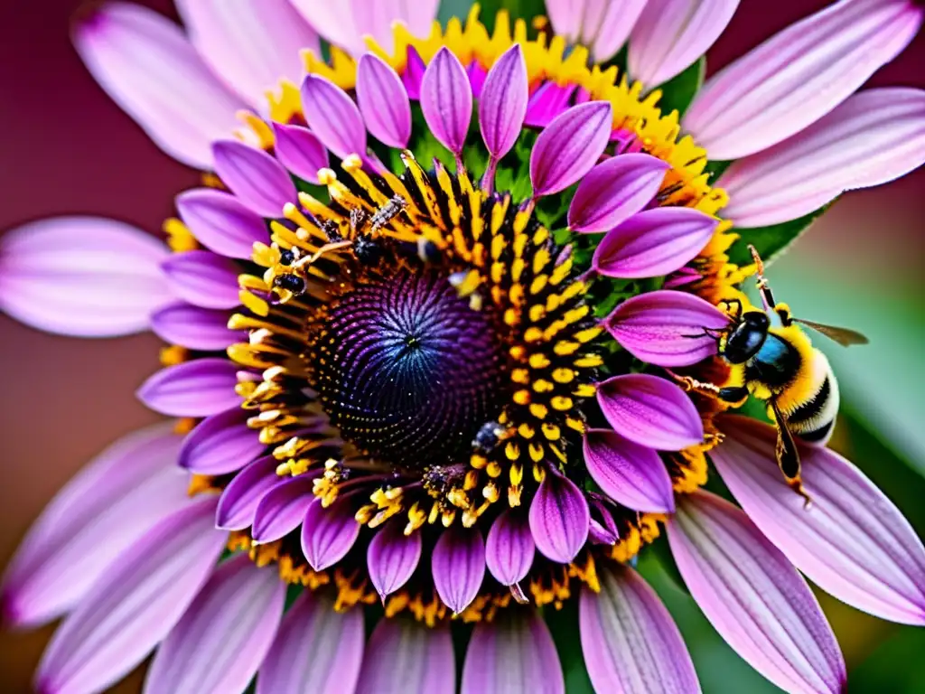 Una imagen detallada de una coneflower morada vibrante cubierta de insectos polinizadores en peligro, bañados en polen dorado iridiscente bajo el sol