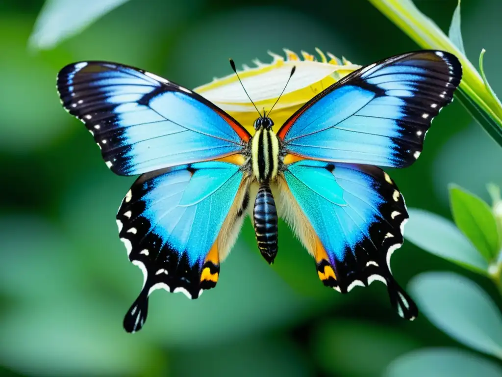 Imagen detallada de mariposa emergiendo de crisálida, con alas iridiscentes desplegándose