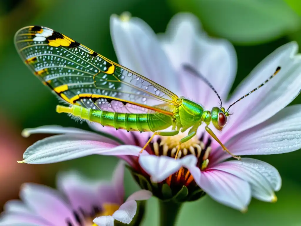 Una imagen detallada de un crisópido verde posado en un pétalo delicado, con alas transparentes que brillan al sol y ojos iridiscentes