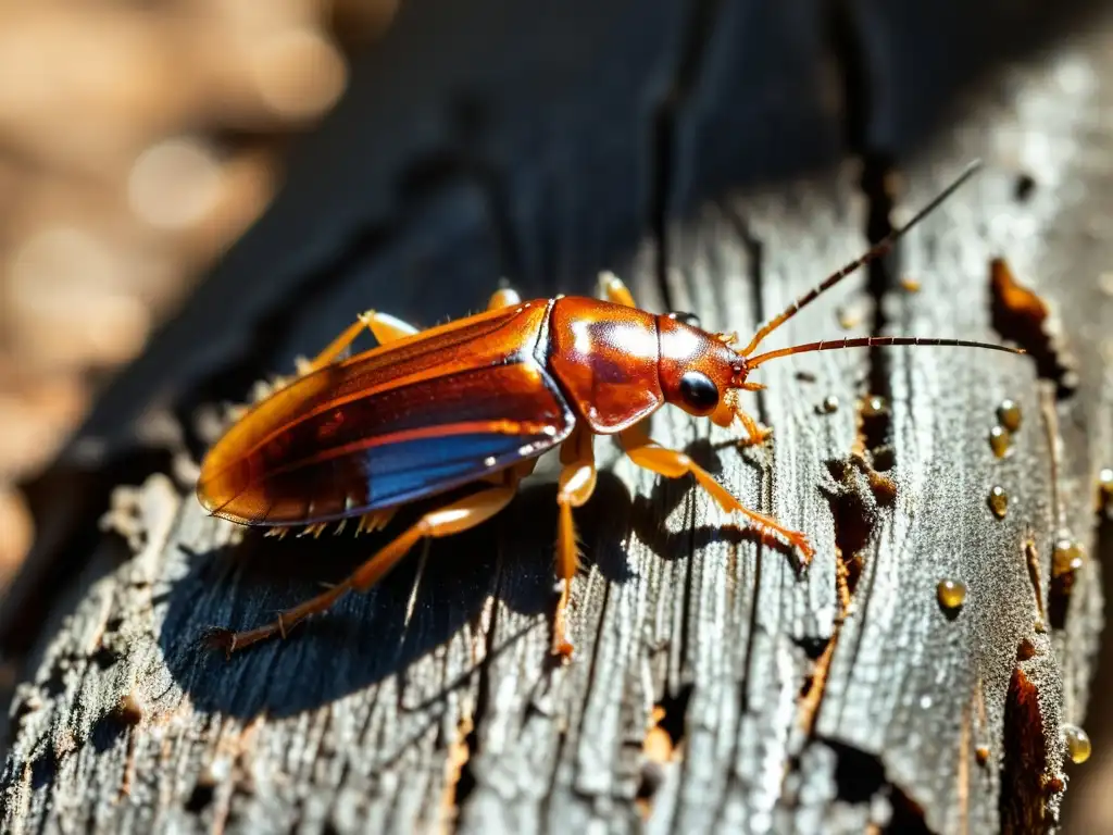 Una imagen detallada de una cucaracha en un tronco, resaltando su naturaleza en su hábitat natural