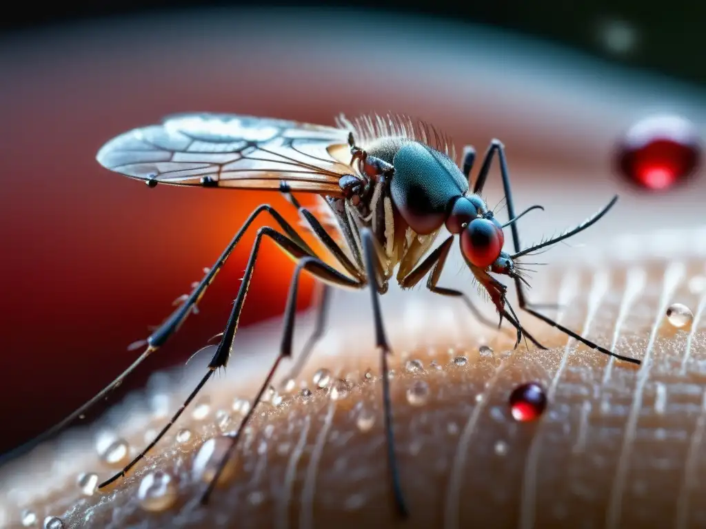 Una imagen detallada muestra la dieta hematófaga en insectos con un mosquito perforando la piel humana para alimentarse de sangre