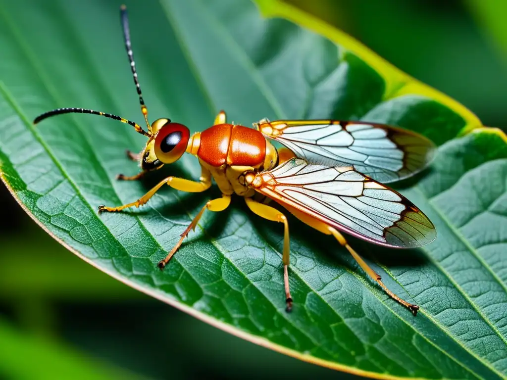 Una imagen detallada de una diminuta familia de insectos, resaltando su exoesqueleto, alas delicadas y coloración vibrante