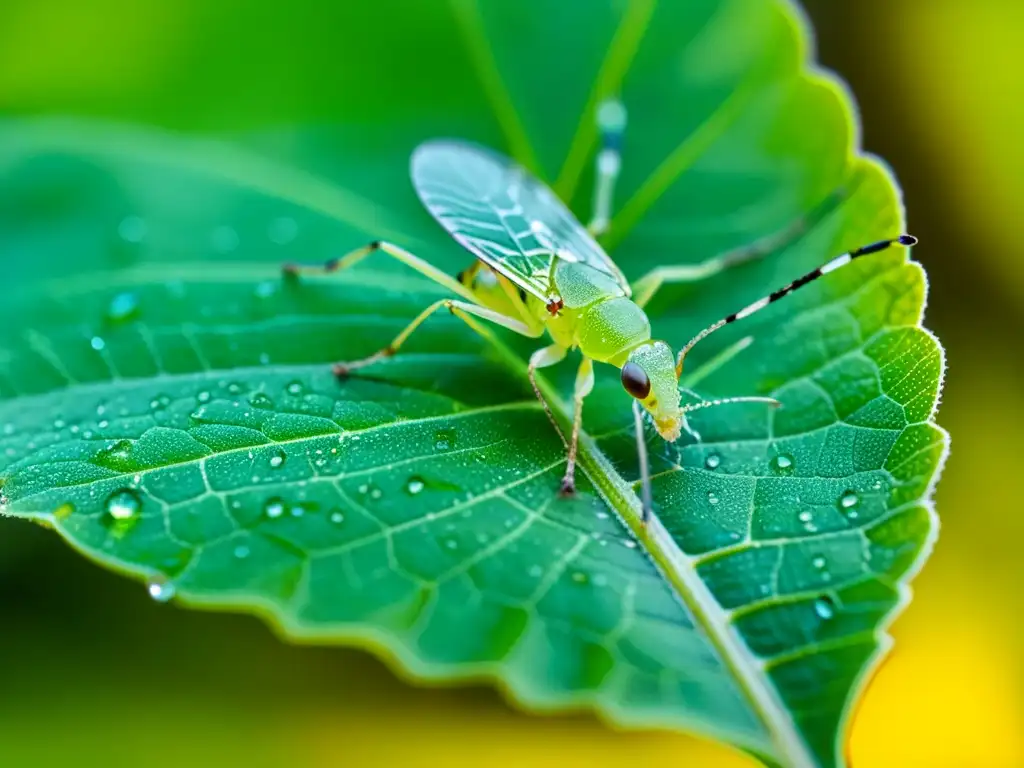 Una imagen detallada muestra un diminuto pulgón en una hoja verde vibrante