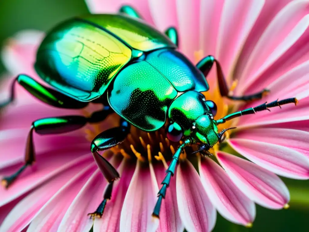 Una imagen detallada de un escarabajo verde iridiscente posado en un pétalo rosa, con un brillo fascinante