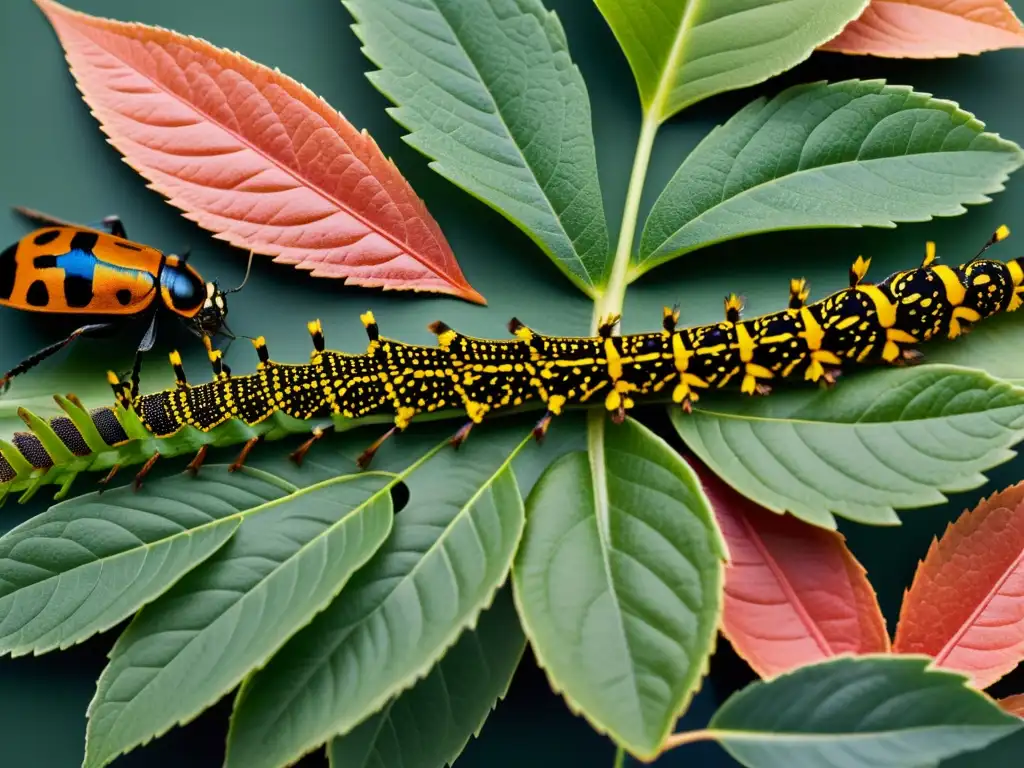 Imagen detallada de estrategias de alimentación de insectos herbívoros, camuflados entre hojas con asombrosa perfección