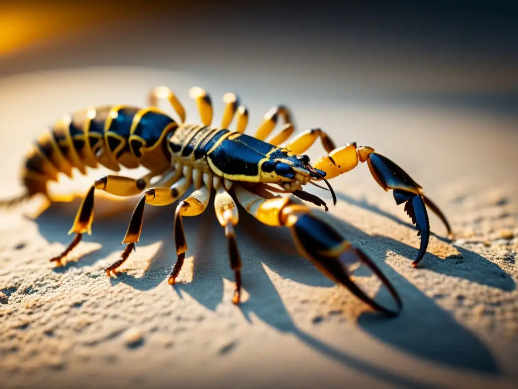 Una imagen detallada de un exoesqueleto de escorpión iluminado por una suave luz cálida, mostrando su textura intrincada y belleza amenazante