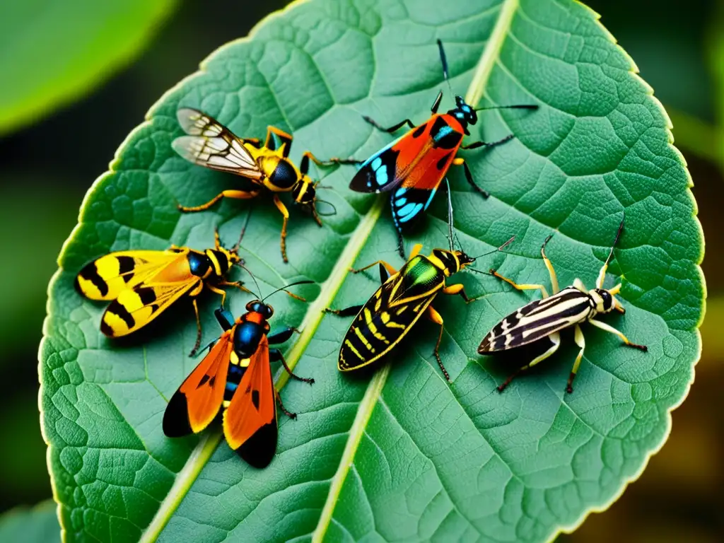 Una imagen detallada y fascinante de diversas subespecies de insectos en hojas, resaltando su importancia ecológica