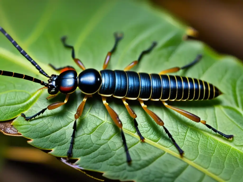 Imagen detallada de un fósil de insecto prehistórico gigante del Paleozoico, como una libélula Meganeura o milpiés Arthropleura