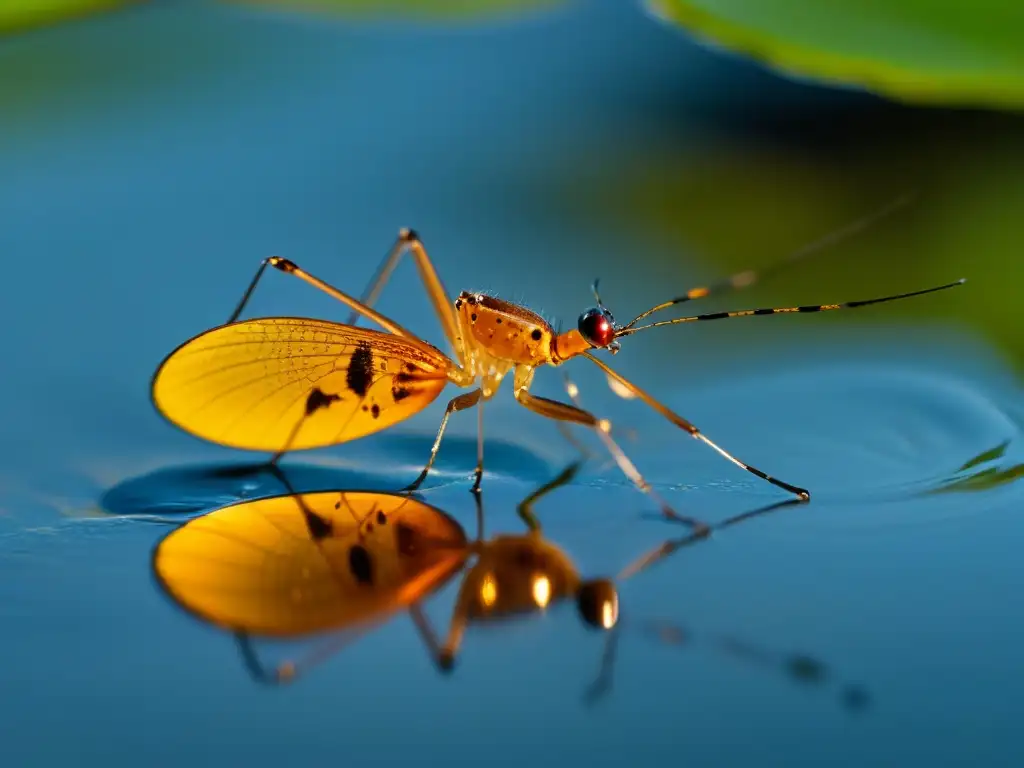 Imagen detallada de un Gerridae sobre la tensión superficial del agua, destacando sus adaptaciones anatómicas para deslizarse en el agua