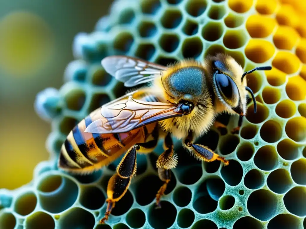 Una imagen detallada de la glándula de olor de una abeja, mostrando la red intrincada de tubos y cámaras que producen y almacenan feromonas