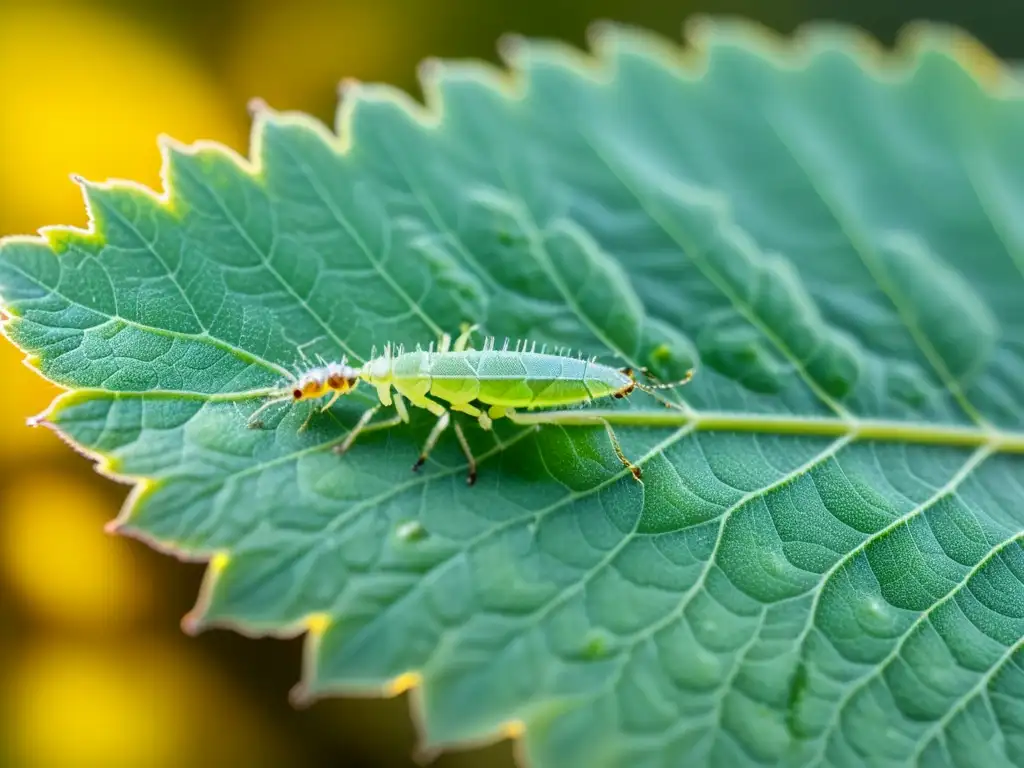 Una imagen detallada de un grupo de pulgones en el envés de una hoja verde, con patrones intrincados en sus alas translúcidas