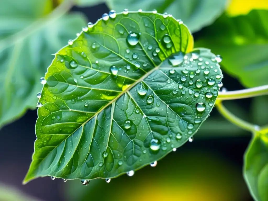 Imagen detallada de una hoja de albahaca verde vibrante con gotas de agua, reflejando la luz del sol