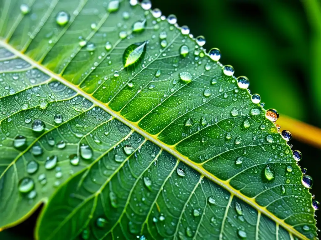 Imagen detallada de una hoja verde vibrante cubierta de gotas de rocío