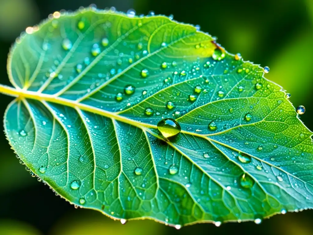 Imagen detallada de una hoja verde brillante con gotas de rocío y un insecto con alas metálicas