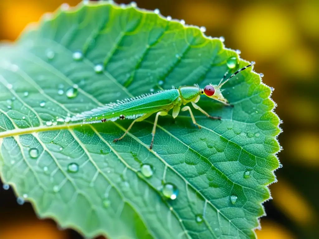 Imagen detallada de una hoja verde vibrante con pulgones y gotas de rocío, resaltando la importancia de la detección temprana de plagas agrícolas