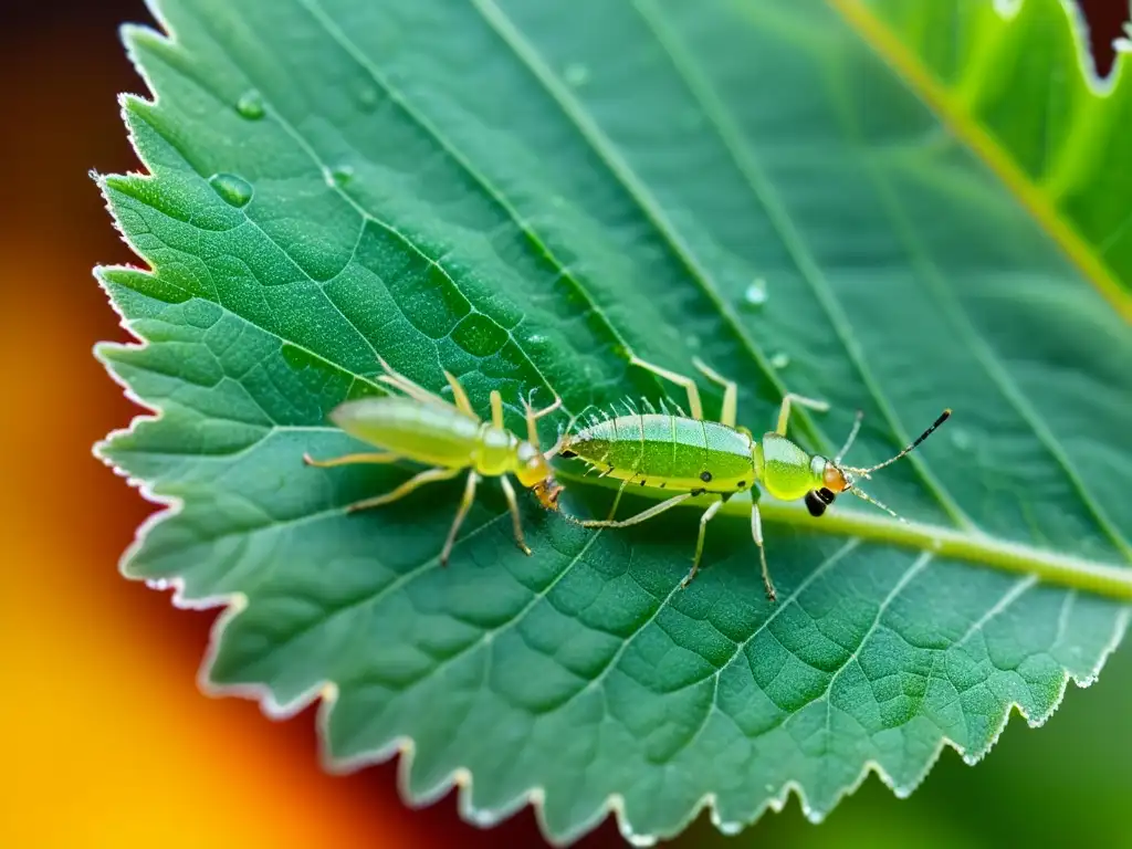 Una imagen detallada de pulgones alimentándose en una hoja verde brillante