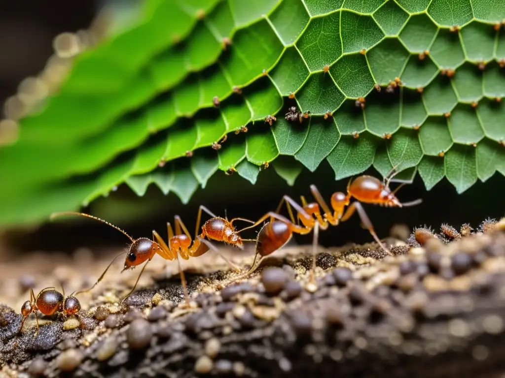 Una imagen detallada muestra la importancia de las hormigas cortadoras de hojas en su laboriosa actividad agrícola dentro de su bulliciosa colonia