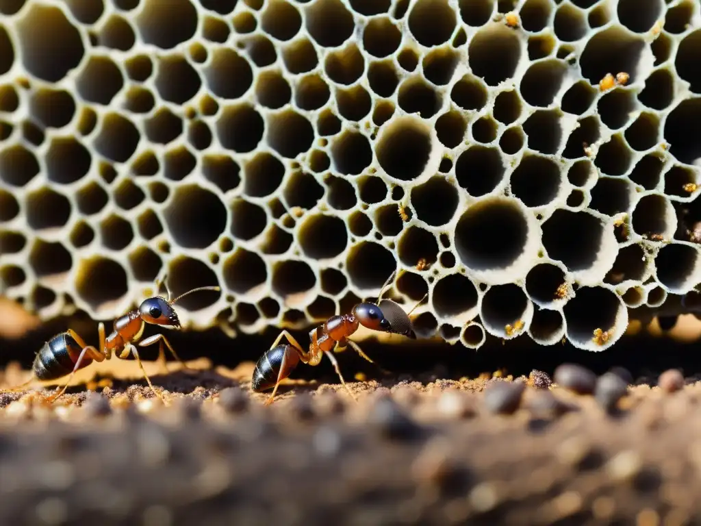 Una imagen detallada muestra la importancia de los insectos en la economía circular, con hormigas trabajando diligentemente en un complejo hormiguero