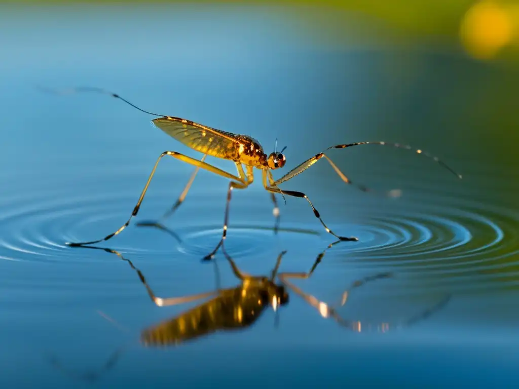 Imagen detallada de un insecto acuático en un lago tranquilo, reflejando la delicada belleza y equilibrio de los ecosistemas acuáticos