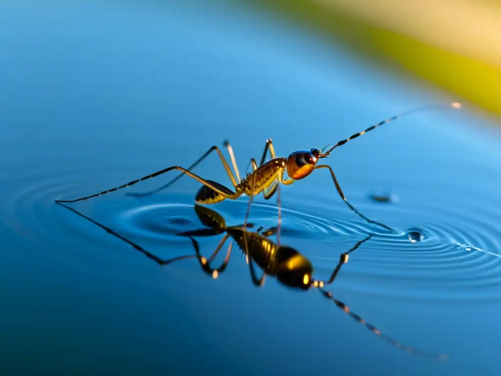 Imagen detallada de un insecto acuático sobre la tensión superficial de un estanque, mostrando sus patas hidrofóbicas