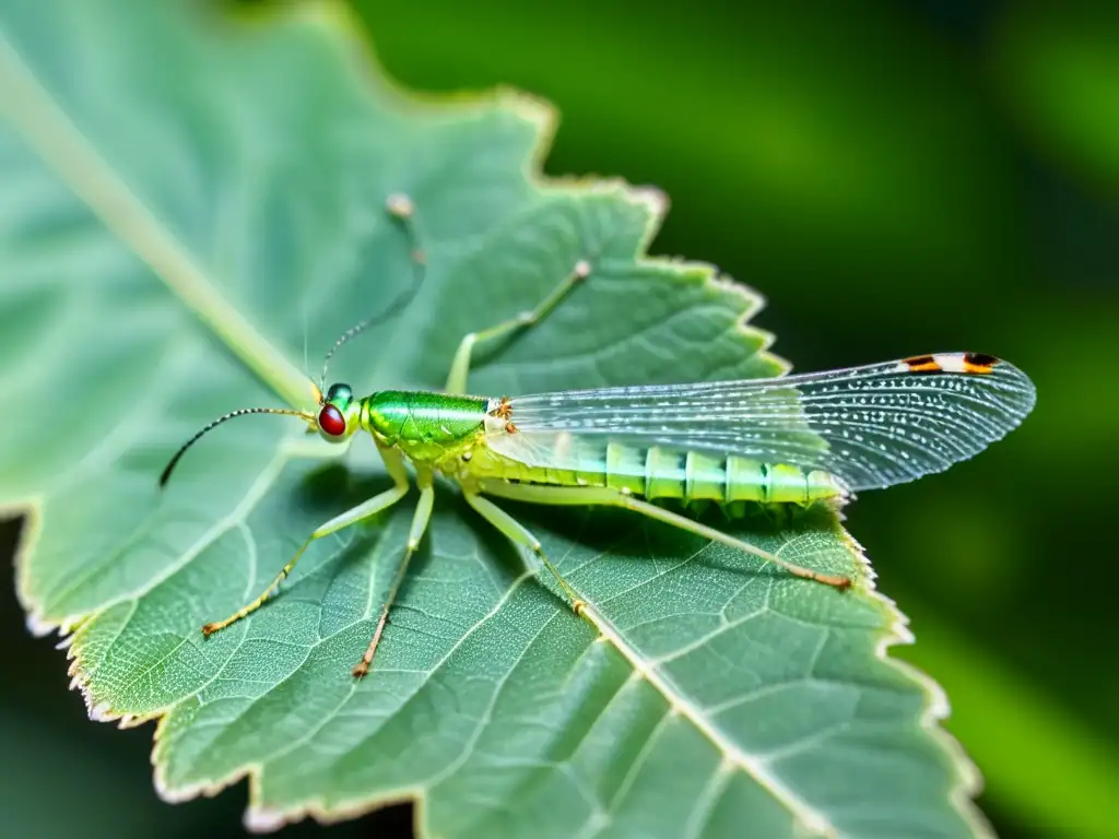 Imagen detallada de un insecto lacewing en una hoja, con gotas de rocío