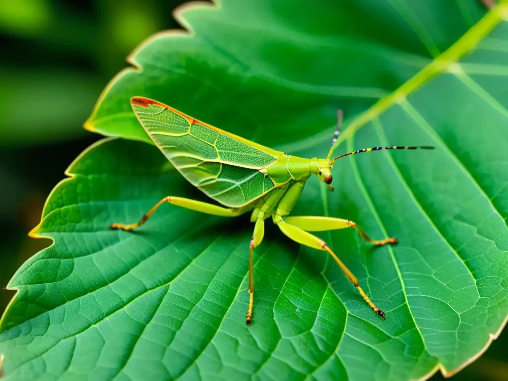 Imagen detallada de un insecto hoja camuflado en el follaje, destacando sus adaptaciones morfológicas para defensa