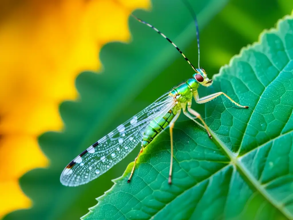 Imagen detallada de un insecto lacewing verde sobre una hoja, resaltando la importancia de los insectos como bioindicadores en el ecosistema