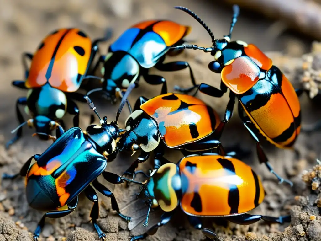 Imagen detallada de insectos beneficiosos para suelos saludables en proceso de entierro y descomposición de un animal