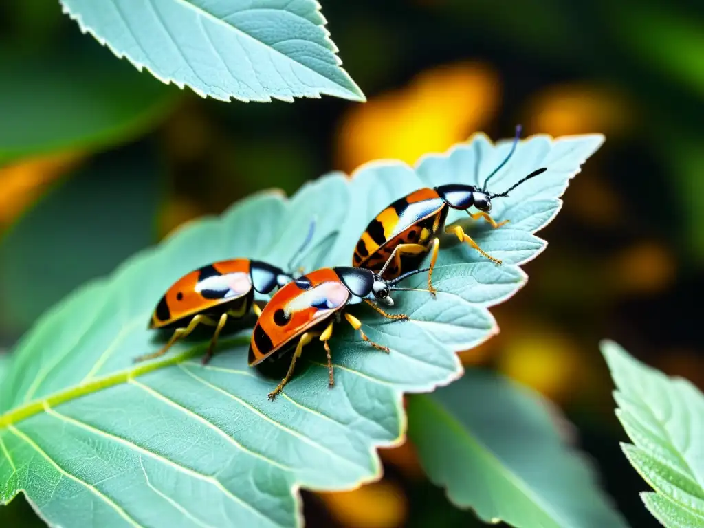 Una imagen detallada de insectos coloridos en hojas verdes, resaltando la diversidad de especies para prebióticos naturales en suplementos de insectos