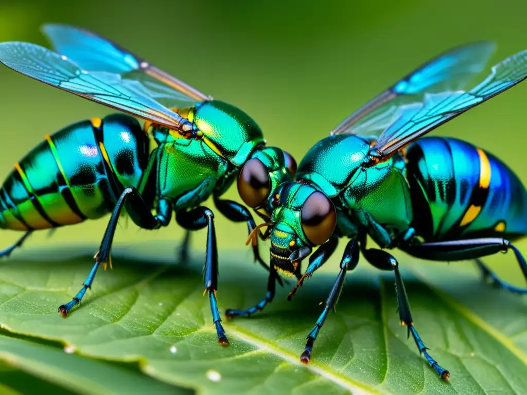 Imagen detallada de dos insectos en un combate agonístico, con alas verdes y exoesqueleto azul brillante, mostrando una lucha feroz y poderosa