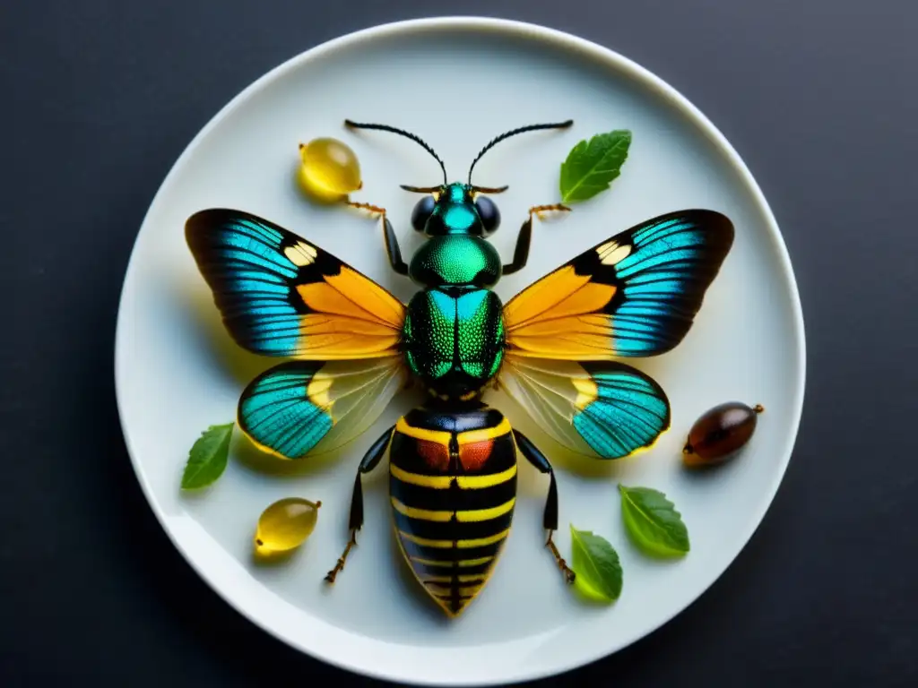 Una imagen detallada de insectos comestibles en un plato blanco moderno