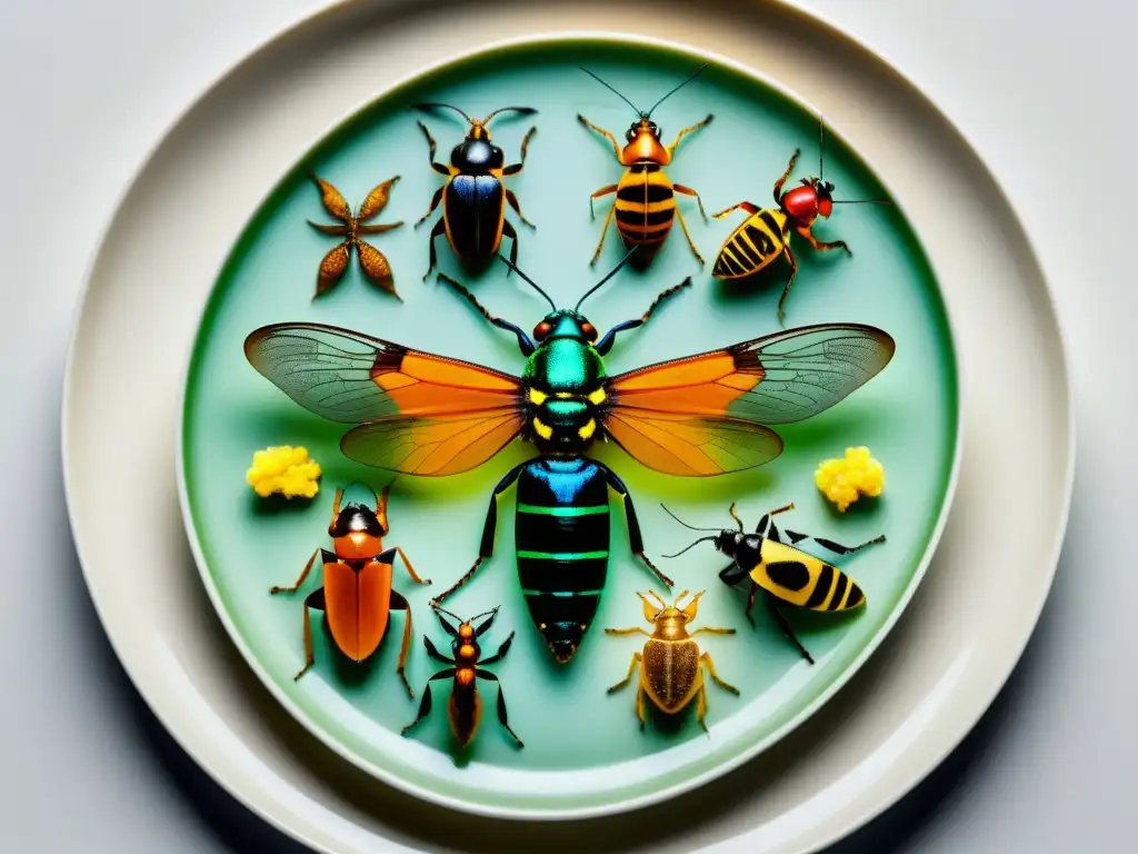 Una imagen detallada de insectos comestibles en un plato moderno