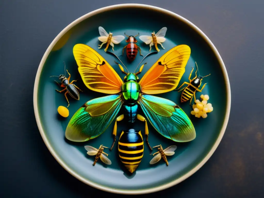 Una imagen detallada de insectos comestibles en un plato moderno, destacando sus colores y texturas