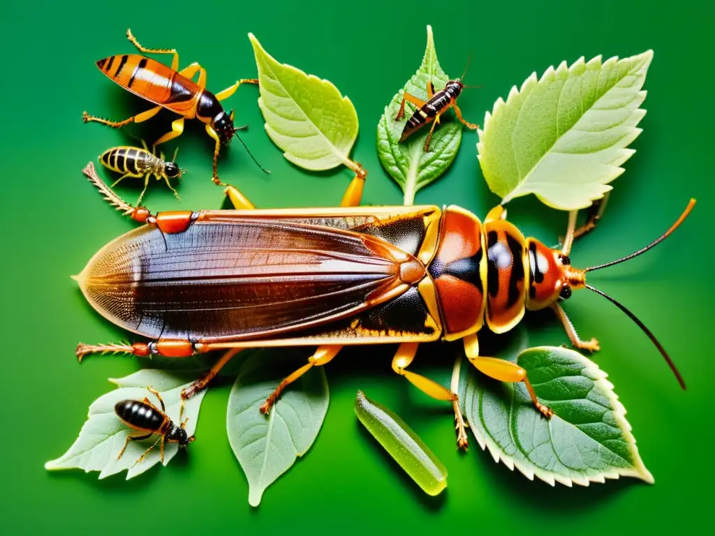 Imagen detallada de insectos comestibles de diversas culturas sobre hojas verdes