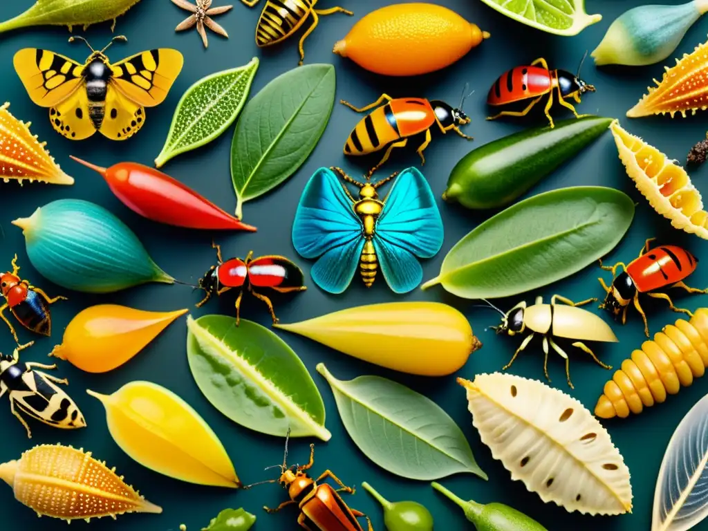 Una imagen detallada en 8k de insectos sobre frutas, verduras y granos, con colores vibrantes y patrones intrincados, destacando la belleza y diversidad de la vida de los insectos y su potencial como fuente de proteína en alimentación