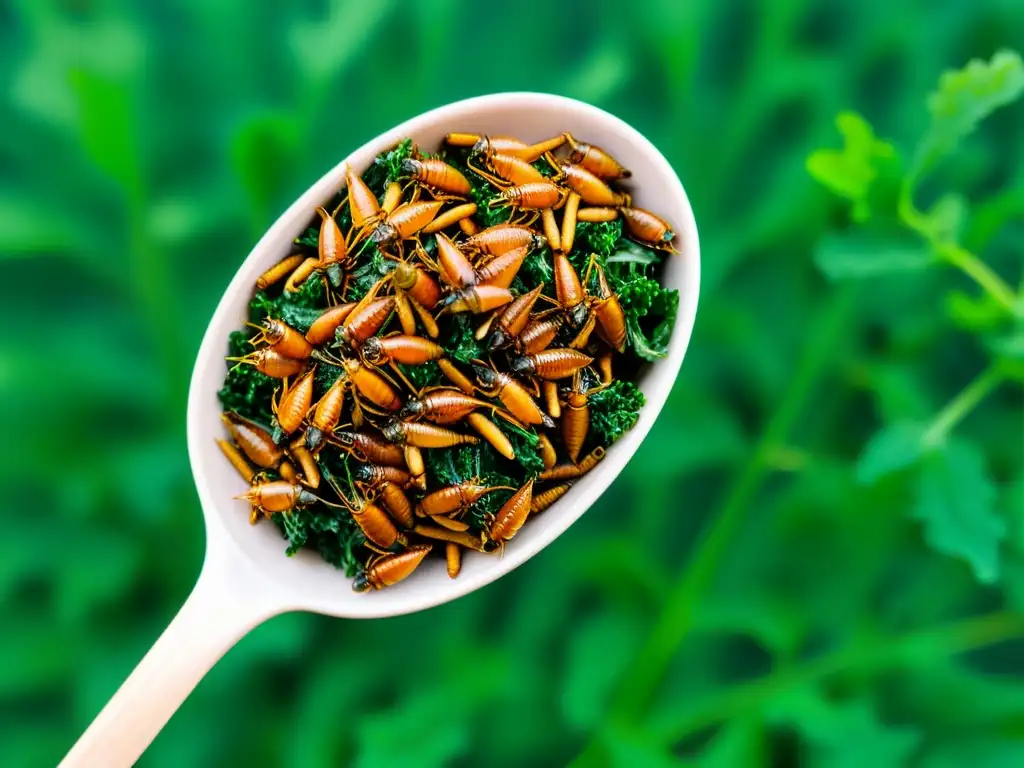 Una imagen detallada de insectos secos en cuchara sobre hojas verdes