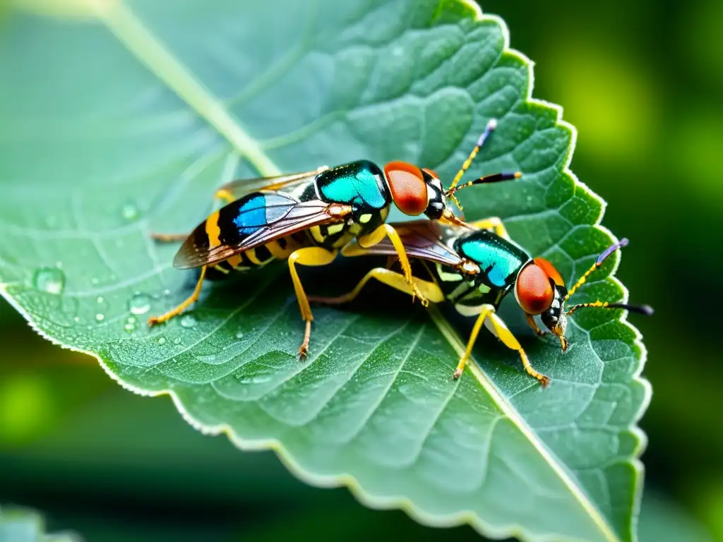 Una imagen detallada de dos insectos sincronizados en reproducción en una hoja verde vibrante, con patrones y colores iridiscentes en sus alas