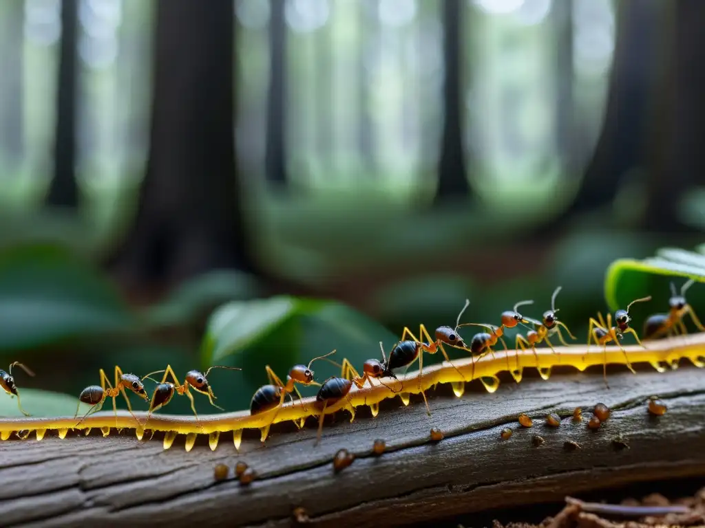 Una imagen detallada de intrincados senderos de hormigas en el suelo del bosque, resaltando la importancia de las hormigas en ecosistemas