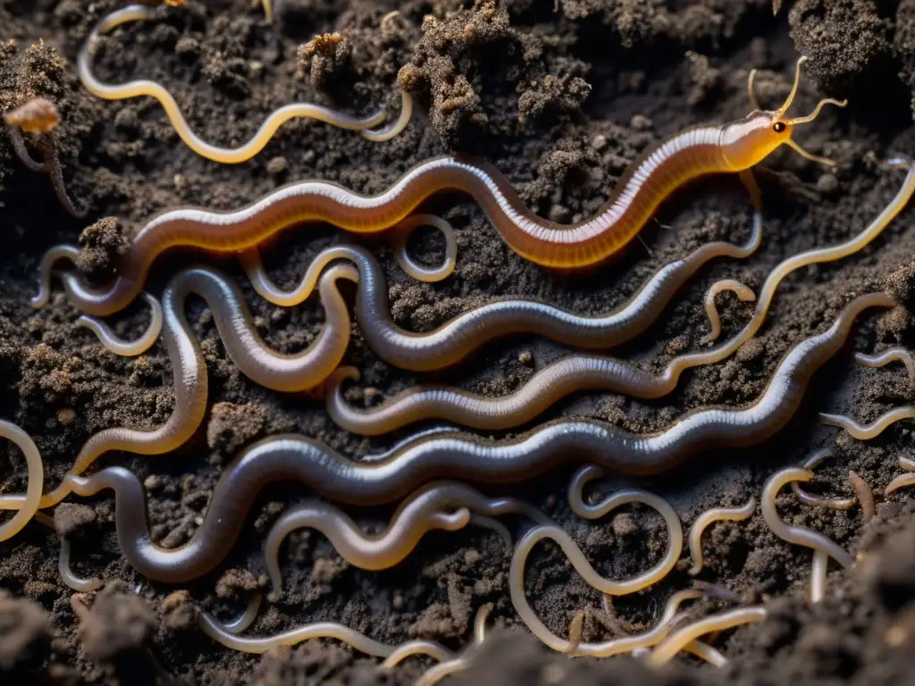 Imagen detallada de lombrices moviéndose en suelo húmedo y rico, creando un ecosistema de vida