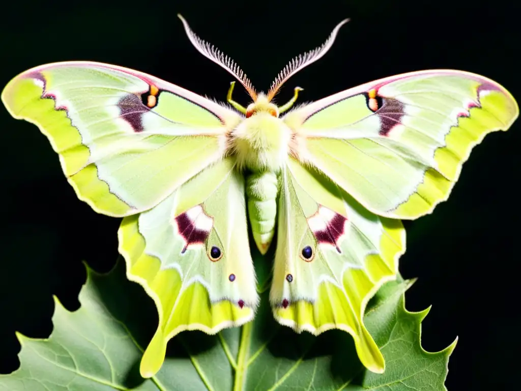 Imagen detallada de una mariposa Luna (Actias luna) posada en una hoja por la noche, mostrando sus alas verdes y rosadas iridiscentes