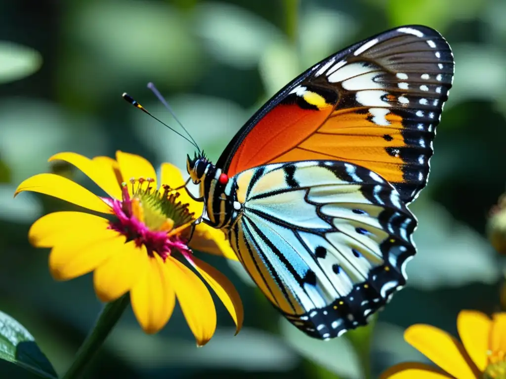 Imagen detallada de una mariposa colorida en una flor vibrante, con patrones e texturas, creando un ecosistema vivo