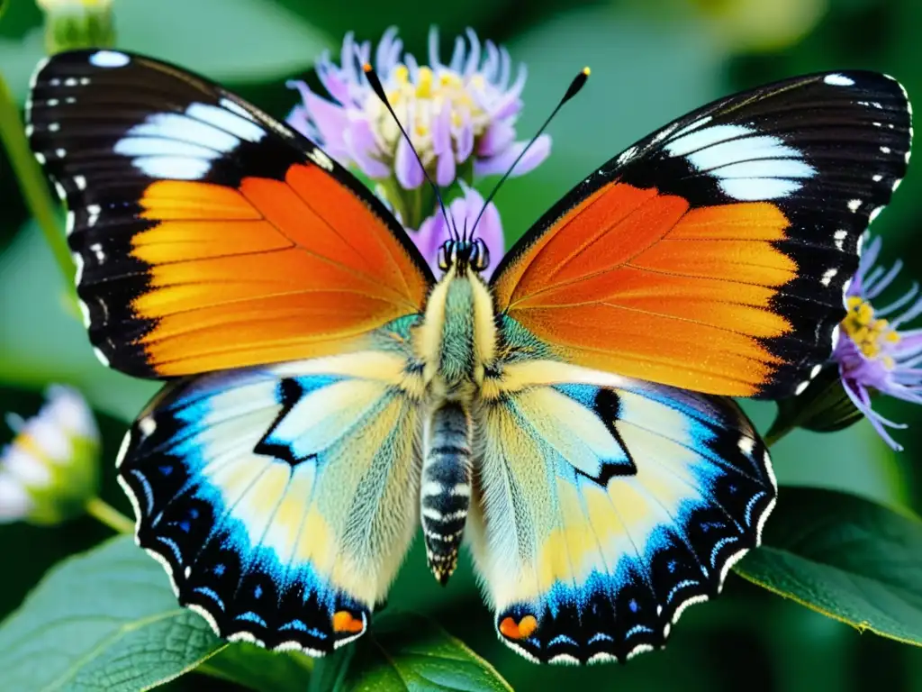 Imagen detallada de mariposa en flor, resaltando la importancia de los insectos migratorios en la polinización