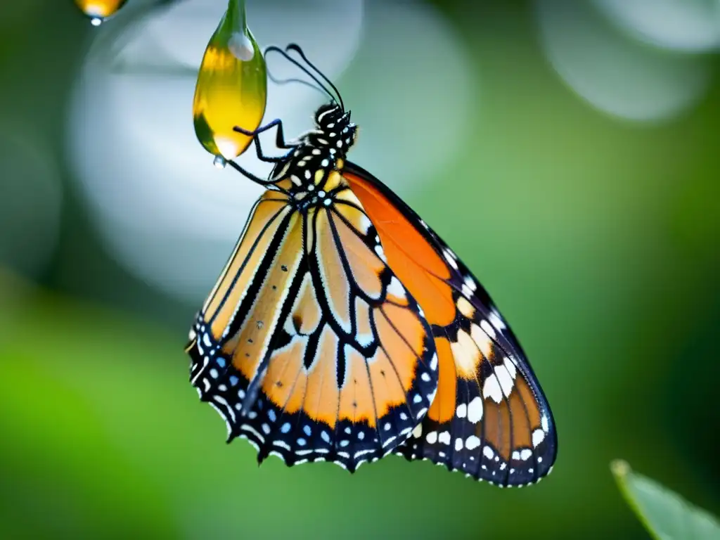 Imagen detallada de una mariposa monarca emergiendo de su crisálida, resaltando su belleza en un momento clave de metamorfosis