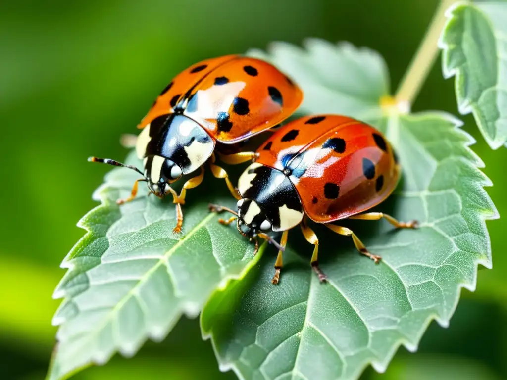 Imagen detallada de mariquitas en apareamiento en hojas verdes, destacando la reproducción de insectos adaptada cambios globales