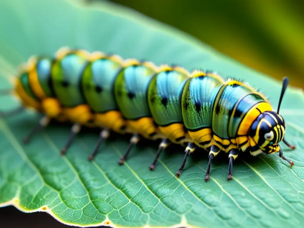 Una imagen detallada de la metamorfosis de una oruga en proceso de convertirse en mariposa