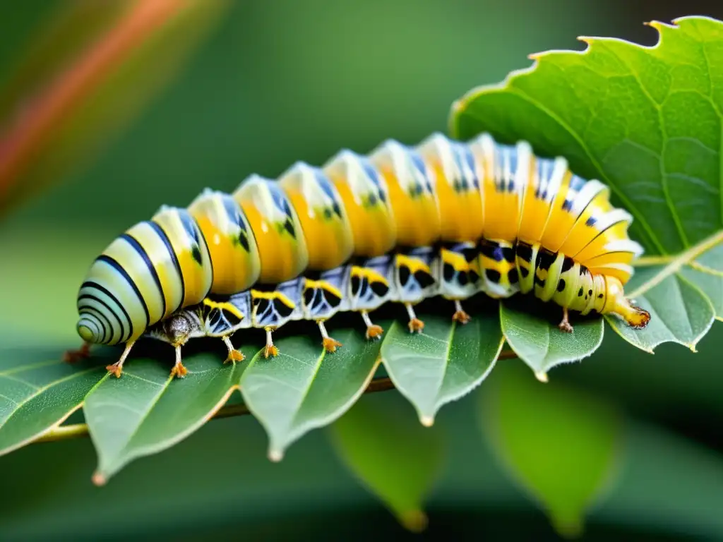 Imagen detallada de la metamorfosis de una oruga en una crisálida, rodeada de hojas y colores vibrantes, capturando la belleza de este proceso natural