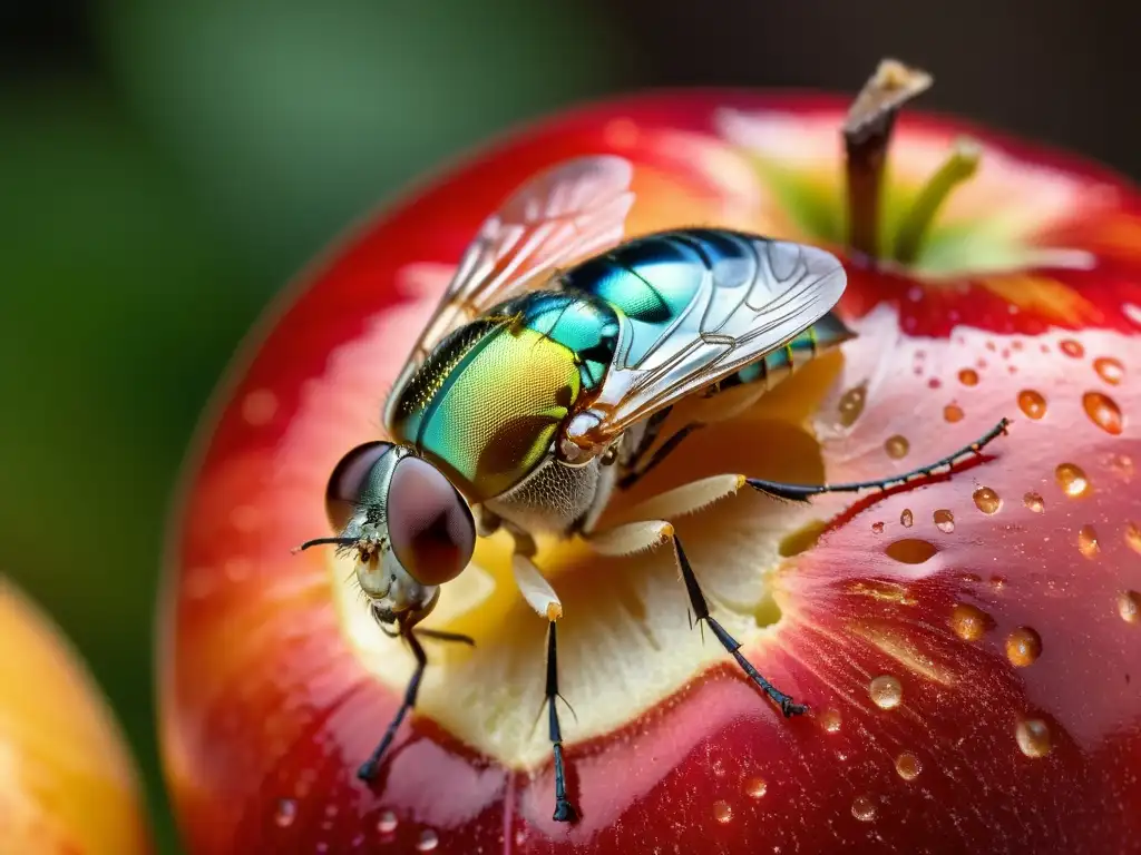 Una imagen detallada de una mosca de la fruta sobre una manzana en descomposición, resaltando la longevidad y senescencia en insectos