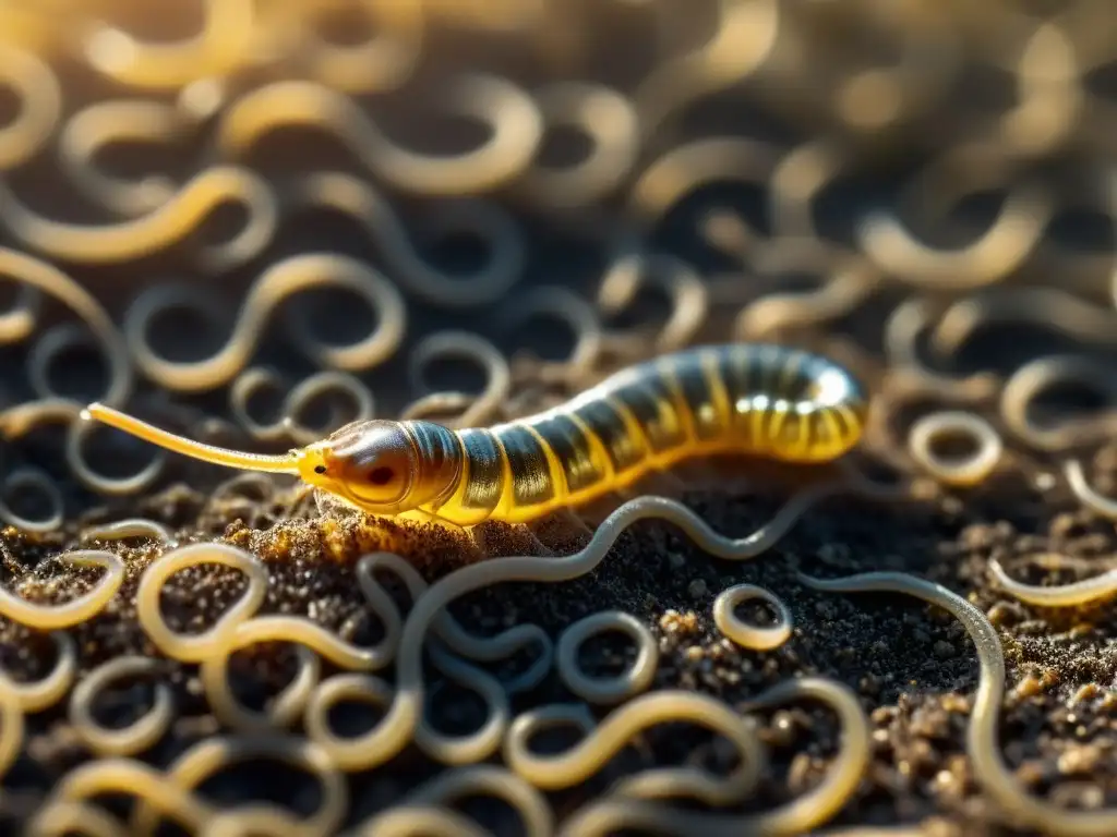 Imagen detallada de un nematodo beneficioso en el suelo, control de insectos subterráneos con nematodos beneficiosos